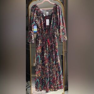 NWT Recente Sample Black and Jewel Tone Print Boho with Tassels Small